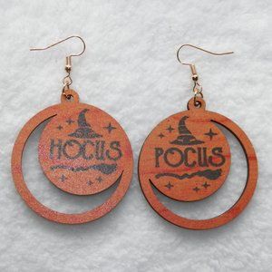 Halloween Witch Orange Wood Earrings 3 1/4"